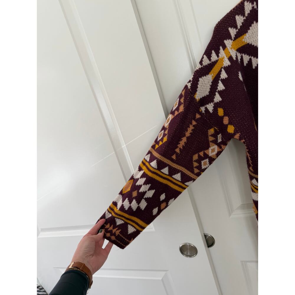 Savanna Jane Aztec Boho Open Front Cardigan Maroon Yellow Large - Picture 3 of 5